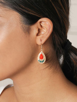 ToniQ - Gold & Maroon Stone Teardrop Earrings for Women