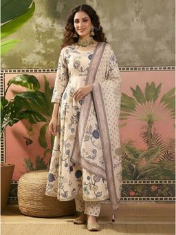 Gahan - Cotton Blend Fabric Printed Anarkali Kurta Pant With Dupatta - Beige