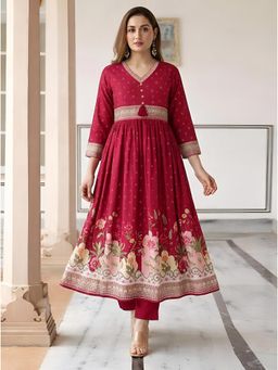 Gahan - Cotton Blend Fabric Printed Anarkali Kurta And Pant - Maroon
