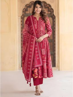 Gahan - Cotton Blend Fabric Printed Anarkali Kurta Pant With Dupatta - Pink