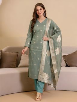 Gahan - Jacquard Silk Printed Kurta Pant with Dupatta for Women - Green