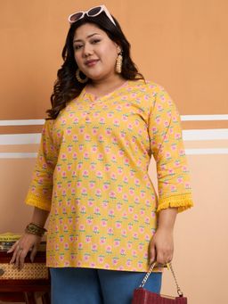 Gahan - Women Plus Size Cotton Slub Floral Printed Tunic - Yellow