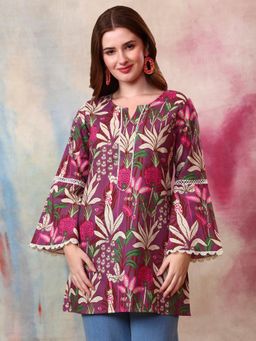 Gahan - Women Cotton Slub Purple Floral Printed Lace Work Tunic - Purple