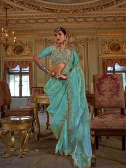 Varanga - Women Blue Tissue Saree with Unstitched Blouse