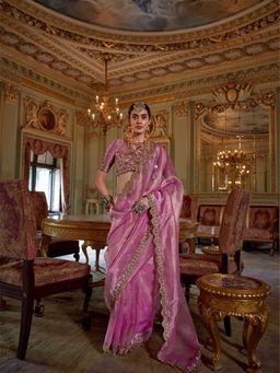 Varanga - Women Pink Tissue Saree with Unstitched Blouse