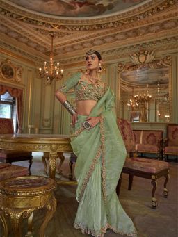 Varanga - Women Green Tissue Saree with Unstitched Blouse