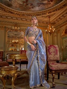 Varanga - Women Blue Tissue Saree with Unstitched Blouse