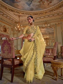 Varanga - Women Yellow Tissue Saree with Unstitched Blouse