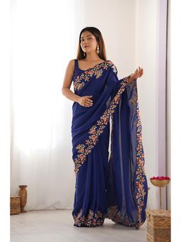 Varanga - Women Blue Silk Blend Saree with Unstitched Blouse