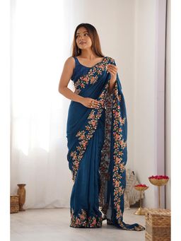 Varanga - Women Navy Blue Silk Blend Saree with Unstitched Blouse