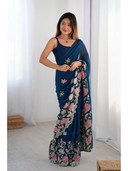 Varanga - Women Teal Georgette Saree with Unstitched Blouse