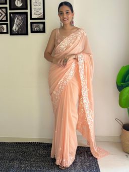 Varanga - Women Peach Georgette Saree with Unstitched Blouse