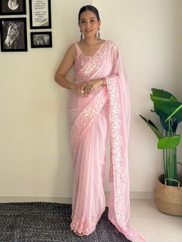 Varanga - Women Pink Georgette Saree with Unstitched Blouse