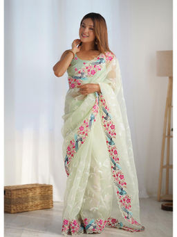 Varanga - Women Green Organza Saree with Unstitched Blouse