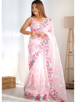 Varanga - Women Pink Organza Saree with Unstitched Blouse