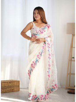 Varanga - Women White Organza Saree with Unstitched Blouse