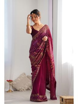 Varanga - Women Burgundy Georgette Saree with Unstitched Blouse