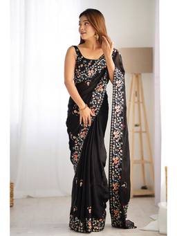 Varanga - Women Black Chiffon Saree with Unstitched Blouse