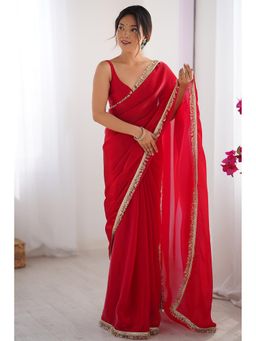 Varanga - Women Red Georgette Saree with Unstitched Blouse