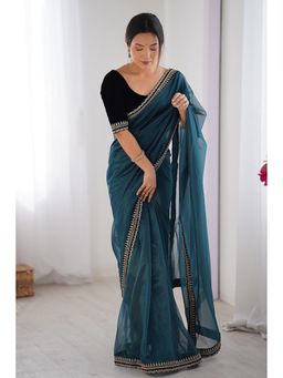 Varanga - Women Teal Georgette Saree with Unstitched Blouse