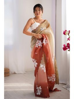 Varanga - Women Rust Chiffon Saree with Unstitched Blouse