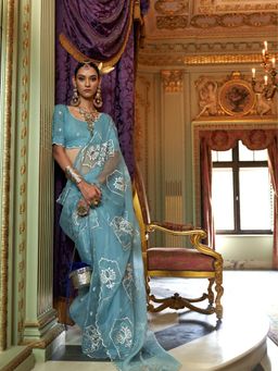 Varanga - Women Blue Chiffon Saree with Unstitched Blouse