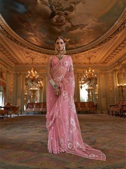 Varanga - Women Pink Chiffon Saree with Unstitched Blouse
