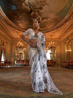 Varanga - Women White Chiffon Saree with Unstitched Blouse