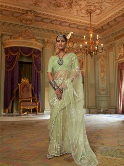 Varanga - Women Lime Green Chiffon Saree with Unstitched Blouse
