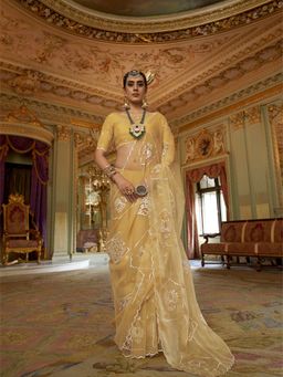 Varanga - Women Yellow Chiffon Saree with Unstitched Blouse