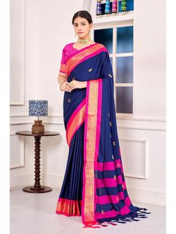 Varanga - Women Navy Blue Silk Blend Saree with Unstitched Blouse