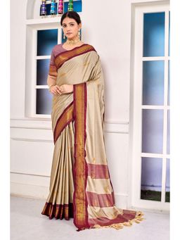 Varanga - Women Beige Silk Blend Saree with Unstitched Blouse