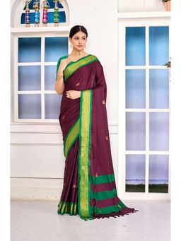 Varanga - Women Wine Silk Blend Saree with Unstitched Blouse