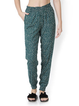 Bstories - Women Woven Cotton Green Printed Full Length Smocking Cuff Pyjama