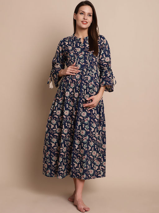 navy blue floral maternity dress Navy Blue Floral Off Shoulder Maternity Dress PinkBlush