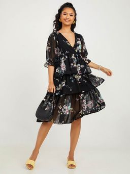 Styli - Multi-color Cuffed Sleeves Floral Print Layered Midi Dress