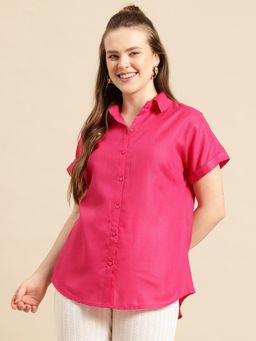 Qurvii - Curved Hemline Magenta Cotton Slub Regular Fit Shirt