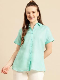 Qurvii - Curved Hemline Turquoise Cotton Slub Regular Fit Shirt