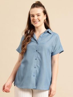 Qurvii - Curved Hemline Heather Blue Cotton Slub Regular Fit Shirt