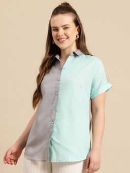Qurvii - Curved Hemline Grey Cotton Slub Regular Fit Shirt