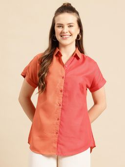 Qurvii - Curved Hemline Orange Cotton Slub Regular Fit Shirt