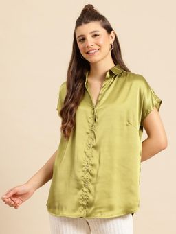 Qurvii - Curved Hemline Olive Satin Regular Fit Shirt