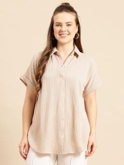 Qurvii - Curved Hemline Beige Lycra Regular Fit Shirt