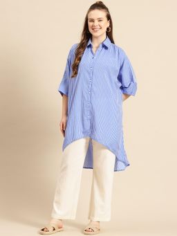 Qurvii - Hi-Low Hemline Blue Crepe Loose Fit Shirt