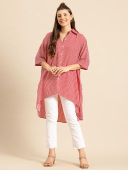 Qurvii - Hi-Low Hemline Red Crepe Loose Fit Shirt