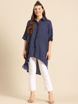 Qurvii - Hi-Low Hemline Navy Blue Crepe Loose Fit Shirt