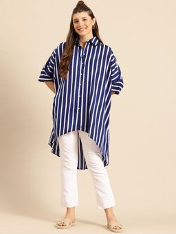 Qurvii - Hi-Low Hemline Navy Blue Crepe Loose Fit Shirt