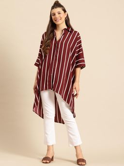 Qurvii - Hi-Low Hemline Burgundy Crepe Loose Fit Shirt