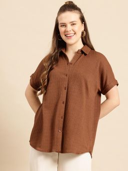 Qurvii - Curved Hemline Brown Lycra Regular Fit Shirt