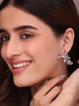 Fida - Intricate Oxidized Silver Drop Earrings With American Diamond Accents